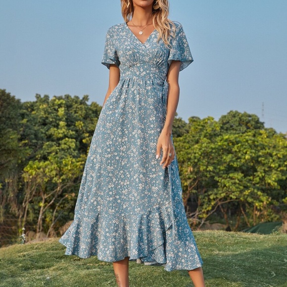 Boho Floral Print Belted V neck Ruffle Midi Dress - Picture 10 of 11